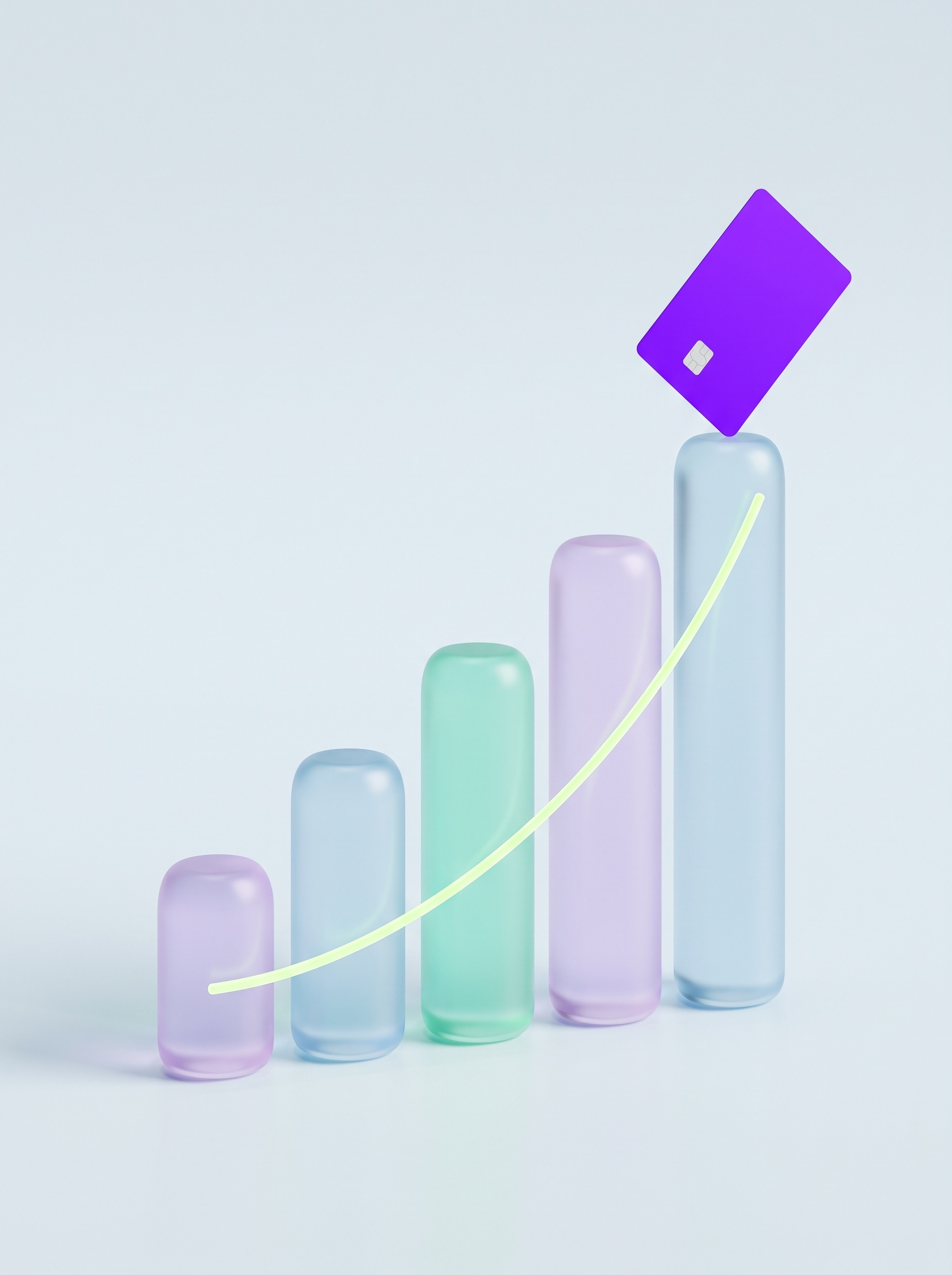 Rising bar chart of frosted glass columns with a lime growth curve and an ultraviolet card at the peak