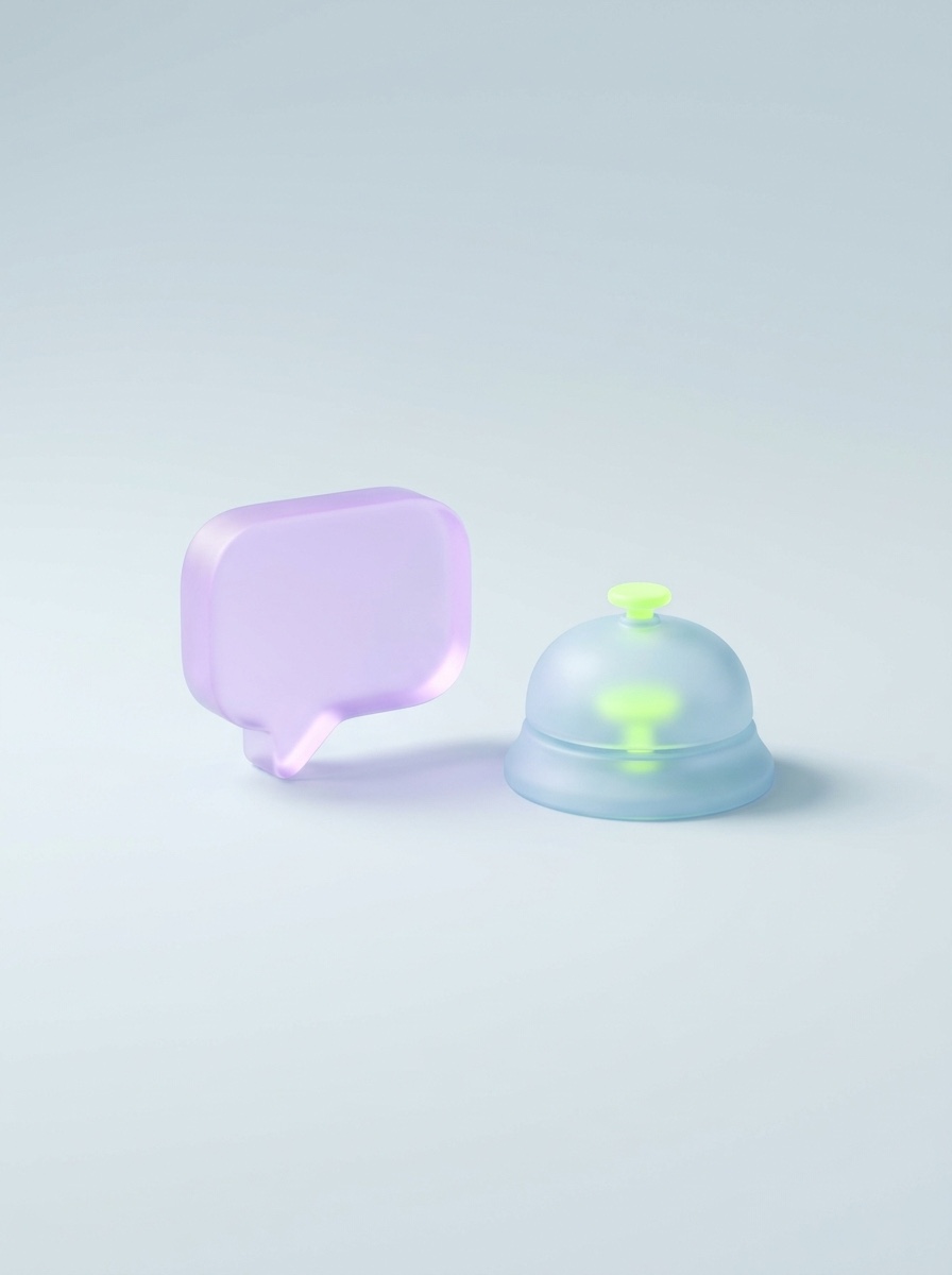 Frosted glass chat bubble beside a concierge bell with a lime accent glow