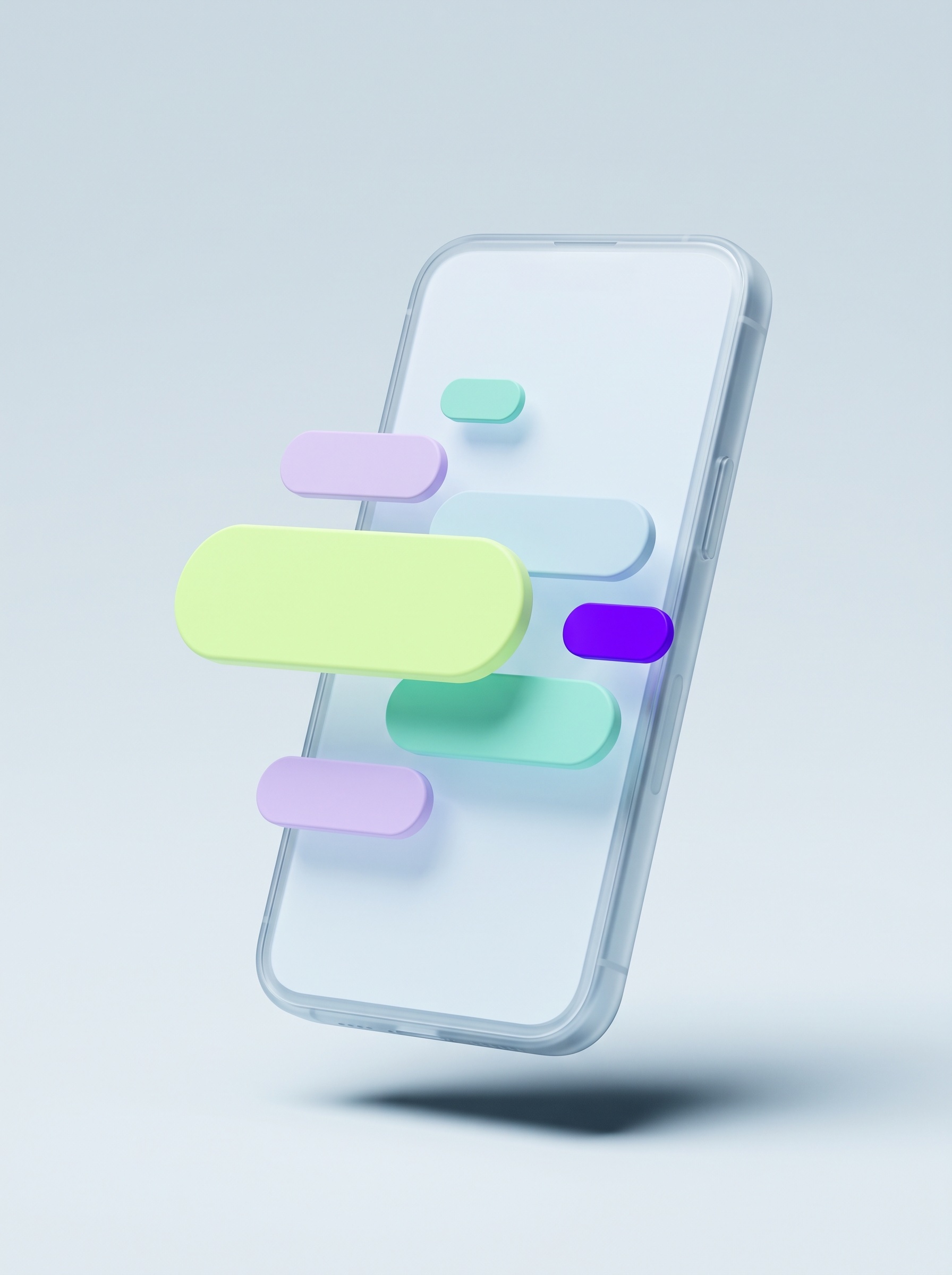 Glass smartphone with notification chips floating off the screen